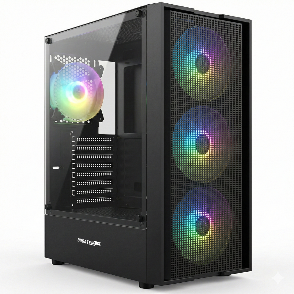 Bugatek Adagan 4x12cm RGB Değişen fan Mid Tower Tempered Cam Gaming Bilgisayar Kasası