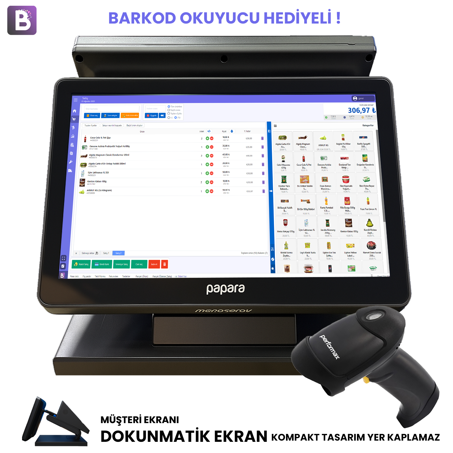Mini POS PC (Dokunmatik) + Batu Yazılım Barkodlu Satış Sistemi (v2 - Yıllık Lisans, Tabancalı Barkod Okuyucu Hediyeli)