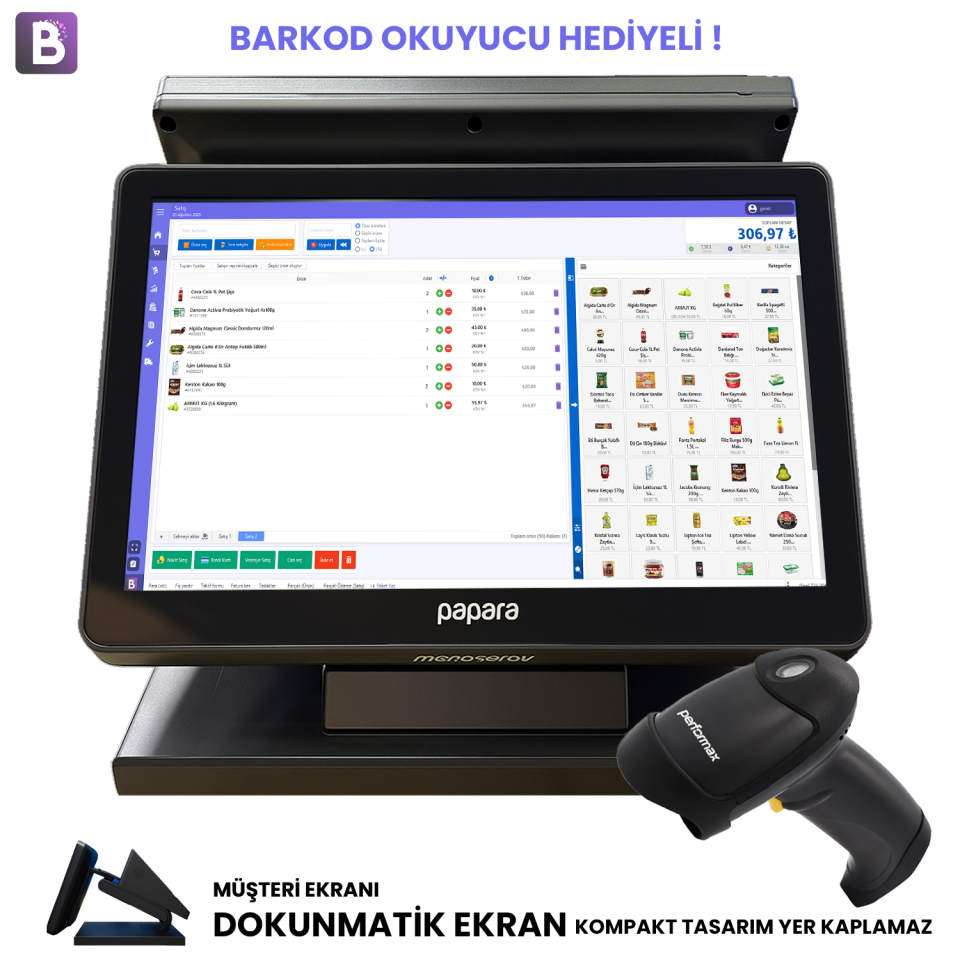 Mini POS PC (Dokunmatik) + Batu Yazılım Barkodlu Satış Sistemi (v1 - Yıllık Lisans, Tabancalı Barkod Okuyucu Hediyeli)