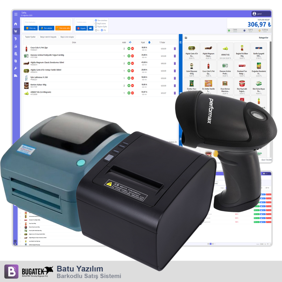 Batu Yazılım Barkodlu Satış Sistemi + Tabancalı Kablolu Barkod Okuyucu + Termal Barkod Yazıcı + Fiş Yazıcı (v1 - Yıllık Lisans, Komple Paket)