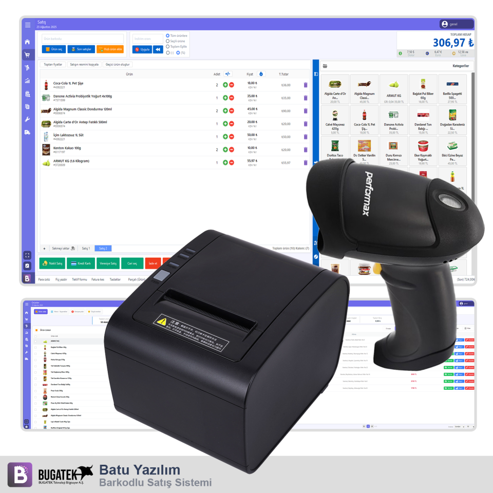 Batu Yazılım Barkodlu Satış Sistemi + Tabancalı Kablolu Barkod Okuyucu + Fiş Yazıcı (v1 - Yıllık Lisans)
